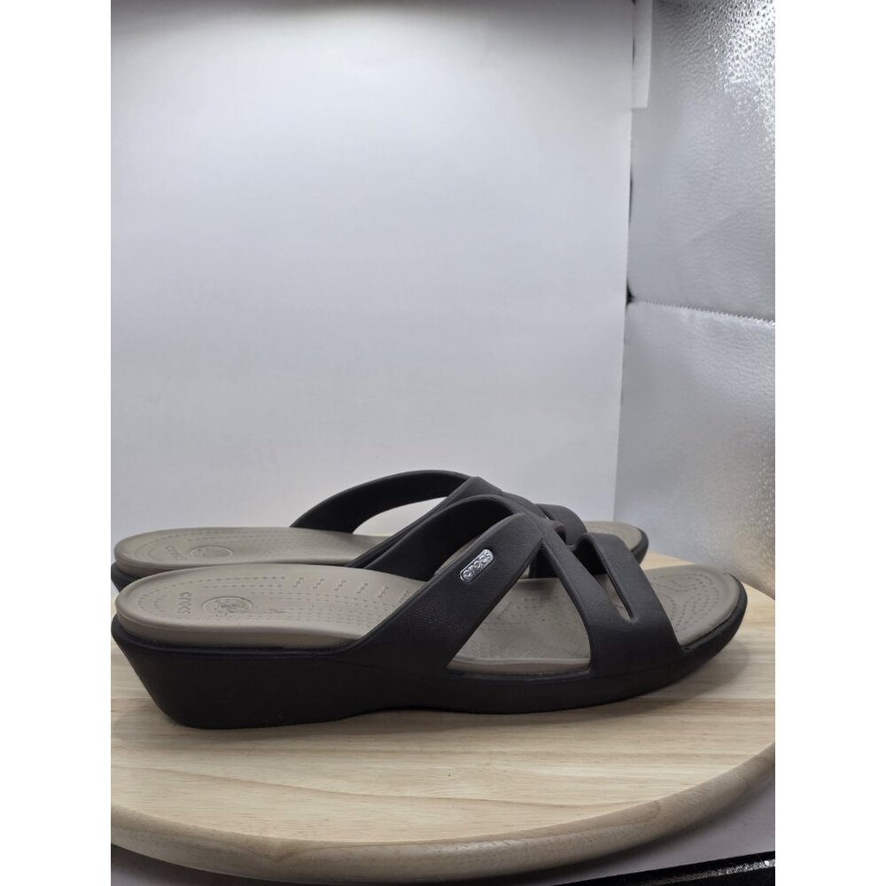 CROCS Patricia II Womens Size 11 Brown/Tan Criss Cross Low Wedge Sandals - Picture 3 of 9